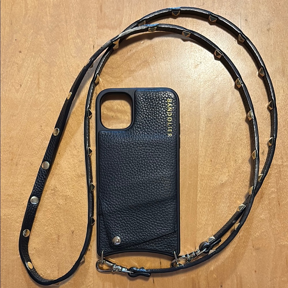 Bandolier Sarah Pebble Leather Black iPhone 11 Case and Studded Crossbody Strap